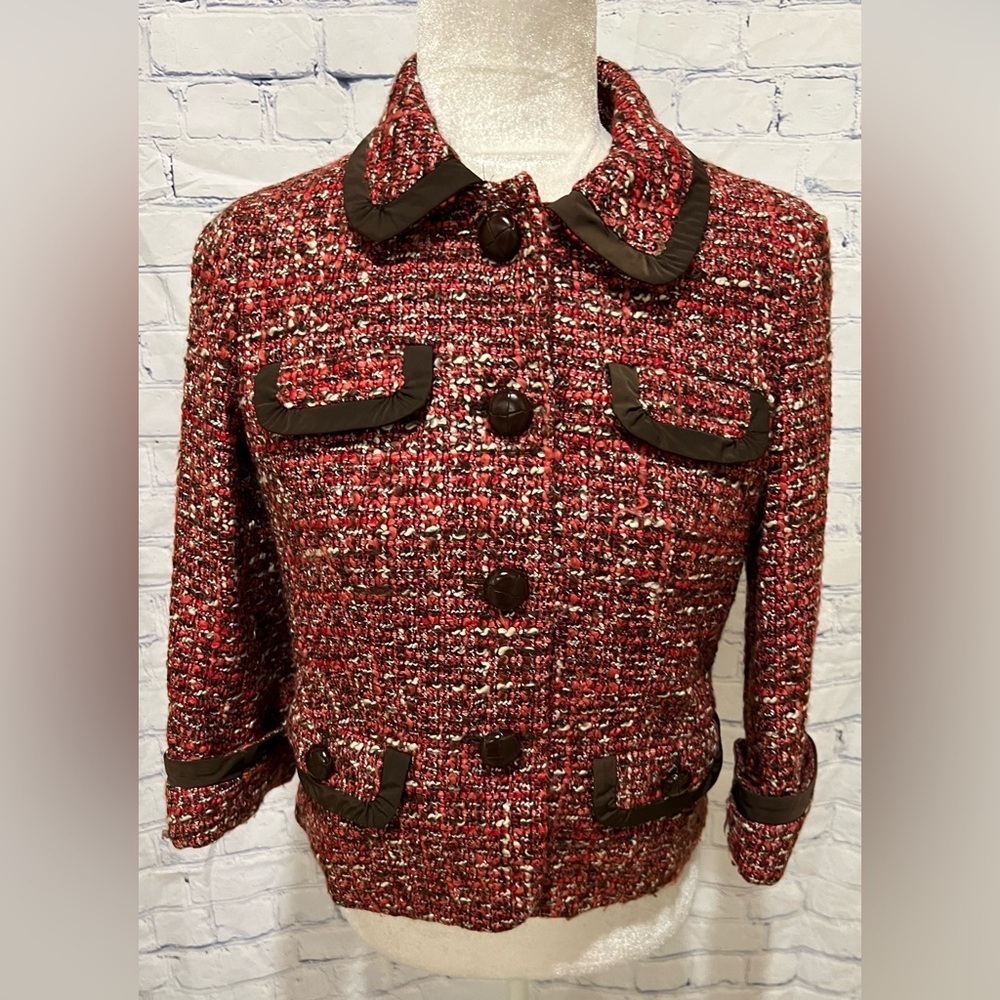 Talbots Tweed Button Up Jacket Size 6 Petite Red Black Wool Blend Collared 4P